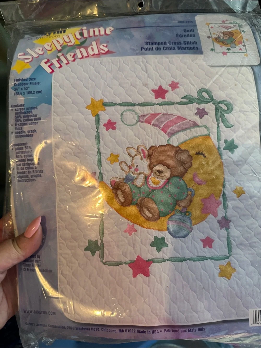 Quilted Baby Bedding - White with Yellow Moon and Multicolor Stars,Cross Stitch